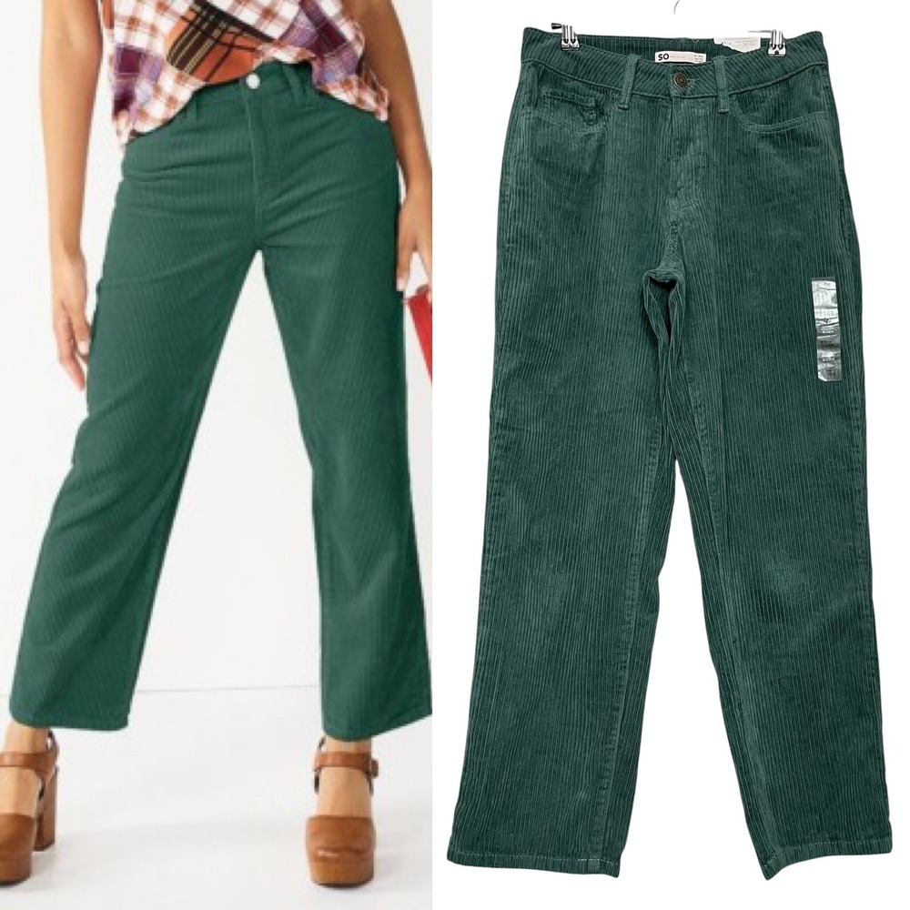 NWT SO Corduroy Pants High Rise Straight Green 9/29W Juniors Cotton Kohls Casual